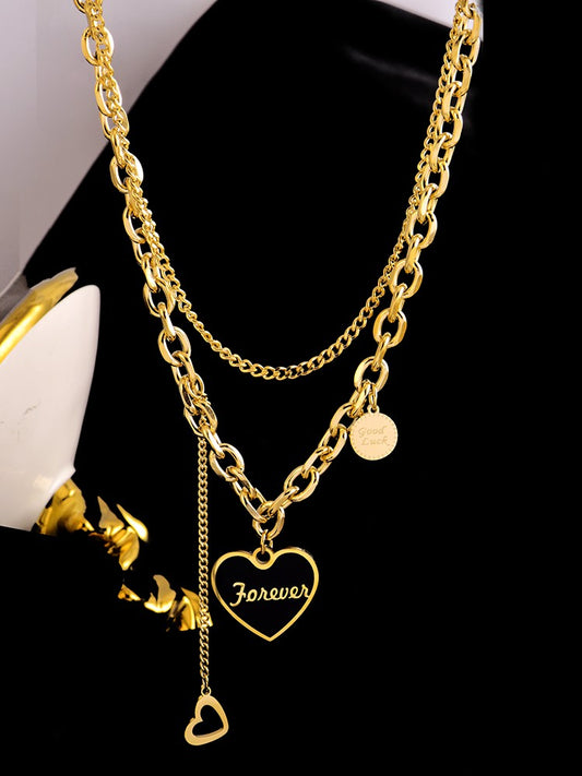 Titanium steel gold double-layer love necklace women's collarbone chain