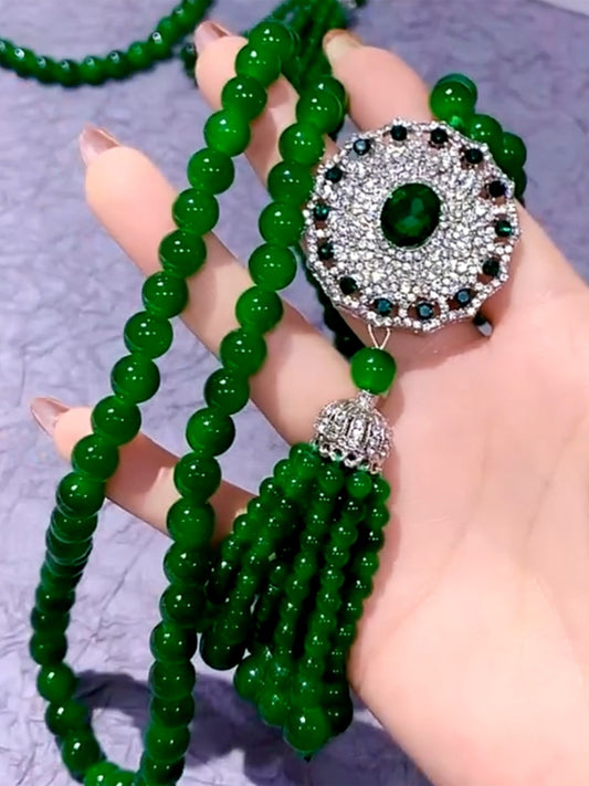 Luxurious green micro diamond inlaid tassel long necklace