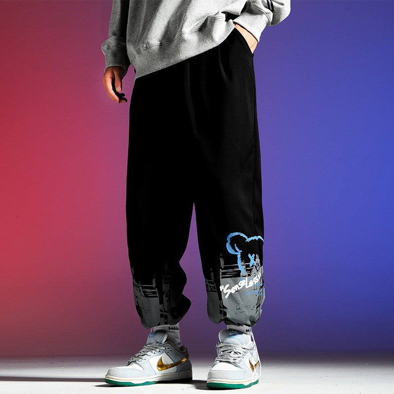 Loose straight wide-leg drawstring men sports pants