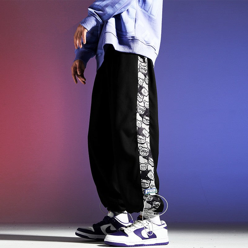 Loose straight wide-leg drawstring men sports pants