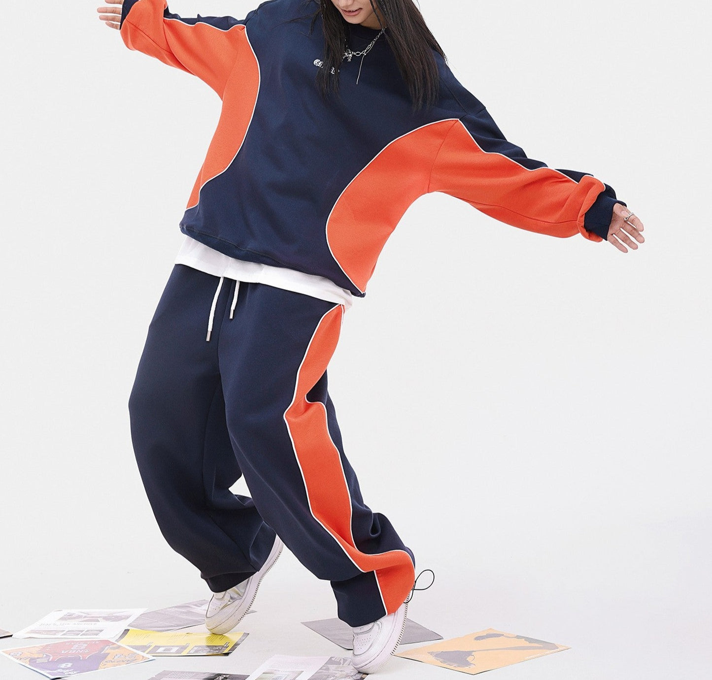 Orange and blue splicing suit women's hip-hop set