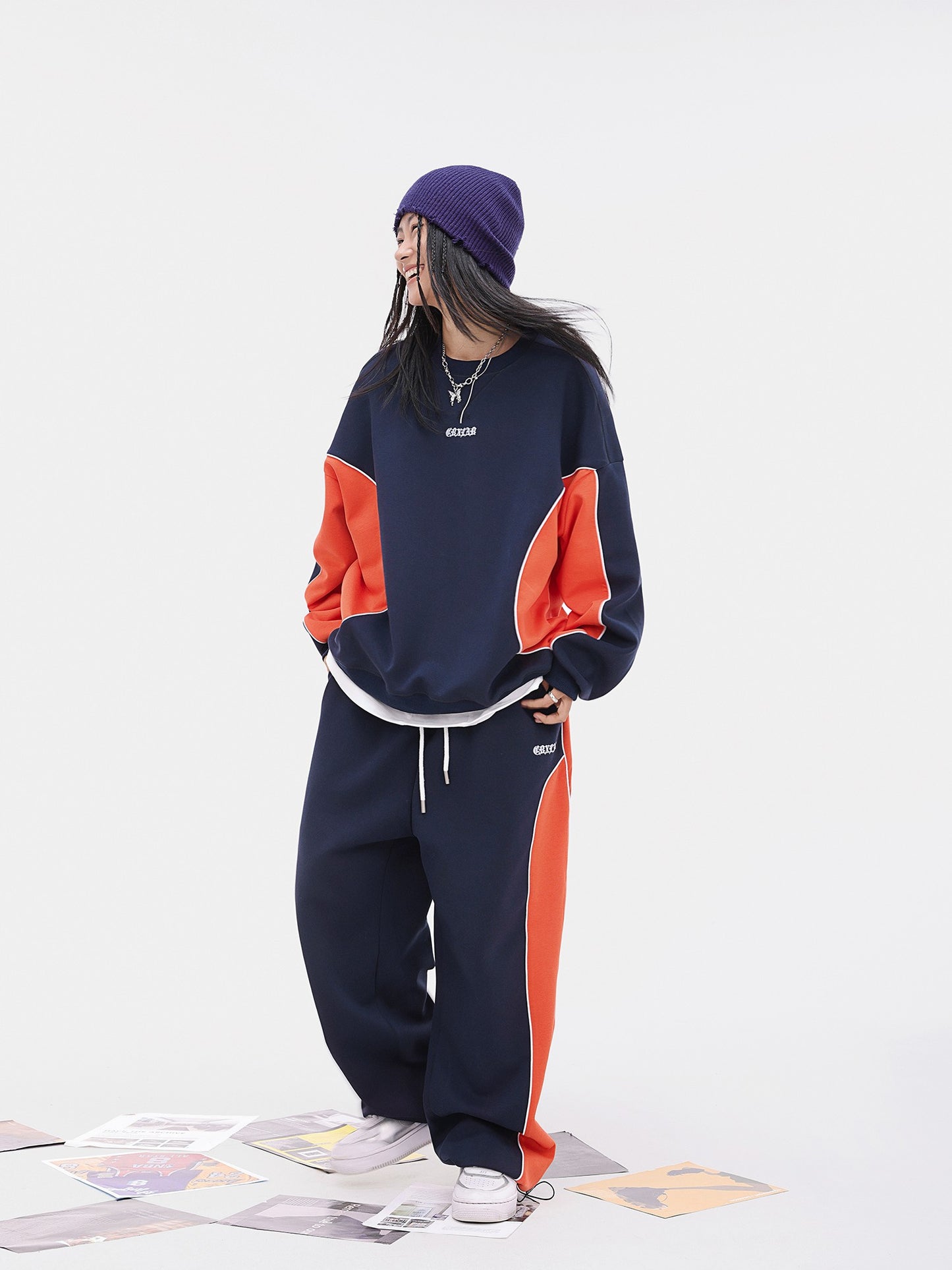 Orange and blue splicing suit women's hip-hop set