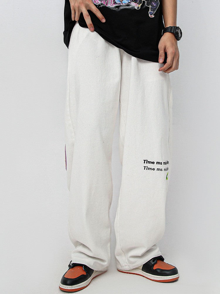 Flocking embroidered jeans men's wide-leg pants