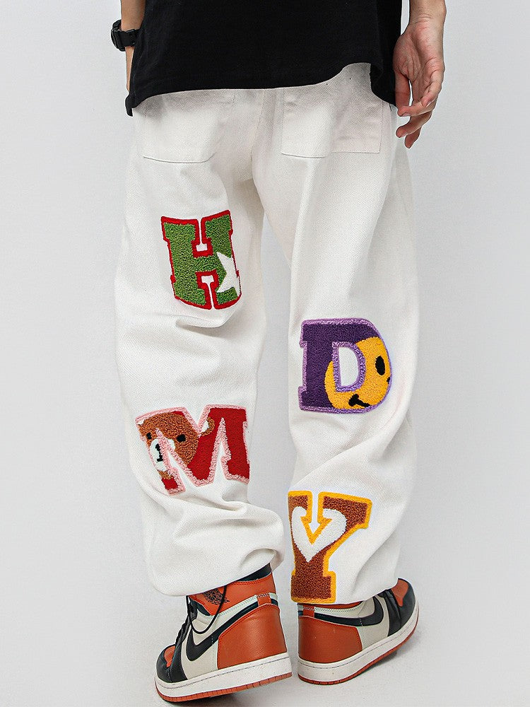 Flocking embroidered jeans men's wide-leg pants