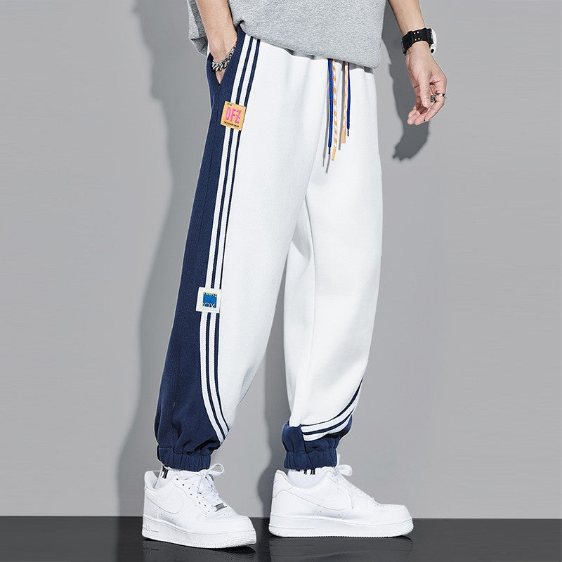 White sweatpants for men leg-tie pure cotton sports pants