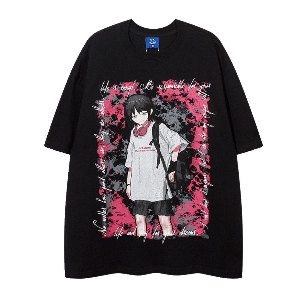 Two-dimensional printed oversize unisex round neck T-shirt