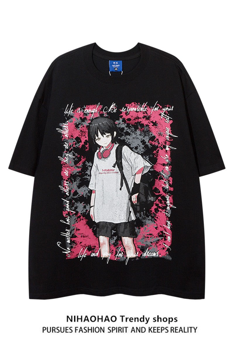 Two-dimensional printed oversize unisex round neck T-shirt