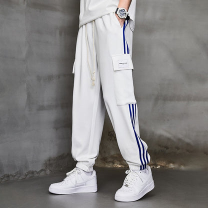 White blue strips sweatpants men's trendy contrasting stitching