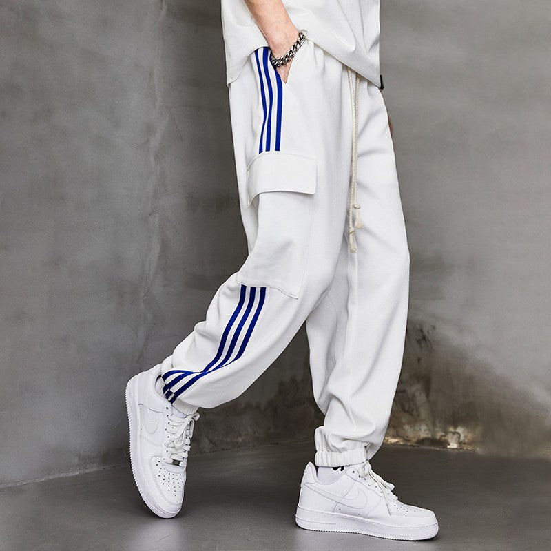 White blue strips sweatpants men's trendy contrasting stitching