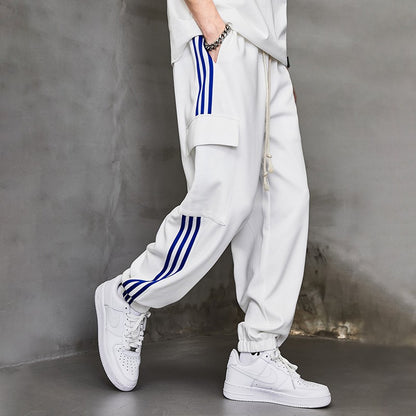 White blue strips sweatpants men's trendy contrasting stitching