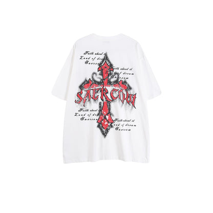 Flame cross print unisex loose fit T-shirt