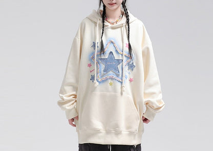 Star Sticker Milk Apricot Unisex Hoodies Oversize