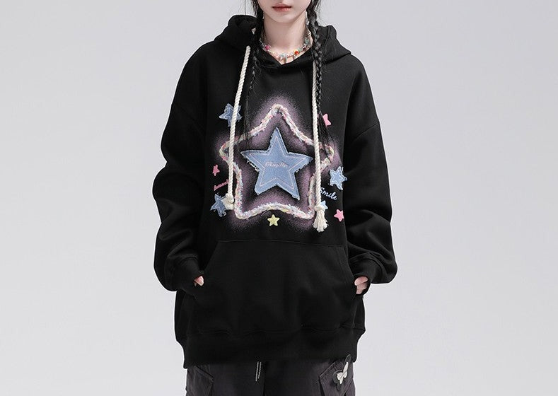 Star Sticker Milk Apricot Unisex Hoodies Oversize