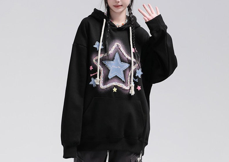 Star Sticker Milk Apricot Unisex Hoodies Oversize