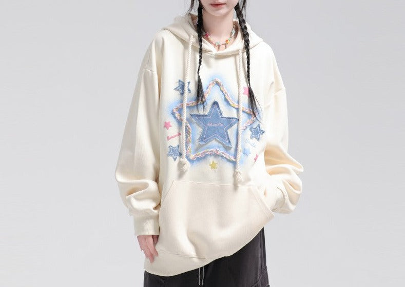 Star Sticker Milk Apricot Unisex Hoodies Oversize