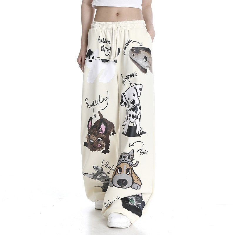 Sports casual pants women cartoon animal print loose straight wide leg pants