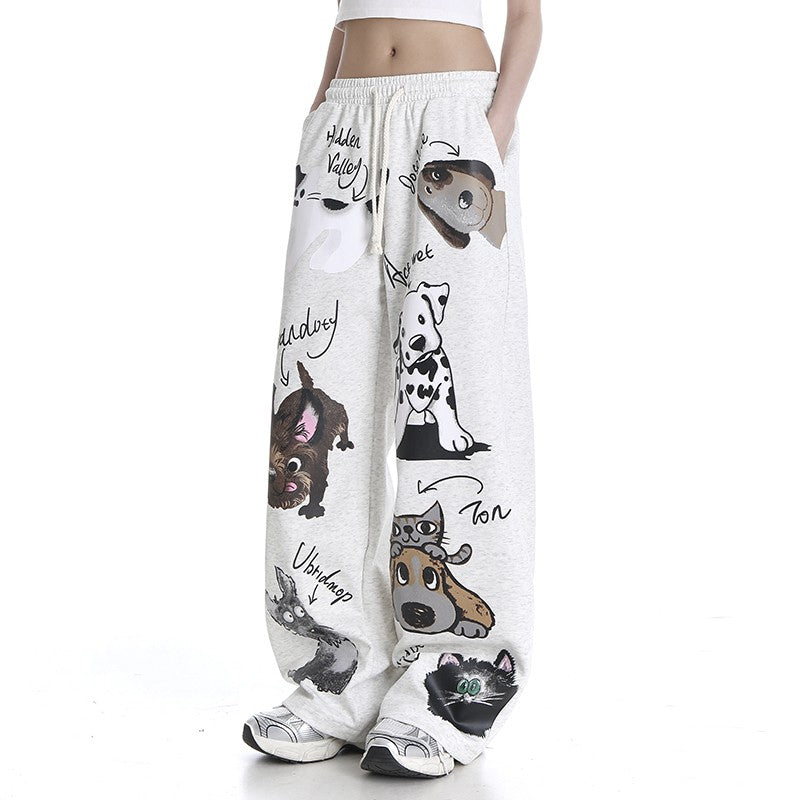 Sports casual pants women cartoon animal print loose straight wide leg pants