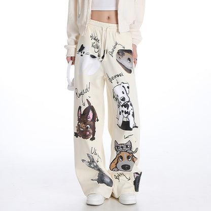 Sports casual pants women cartoon animal print loose straight wide leg pants