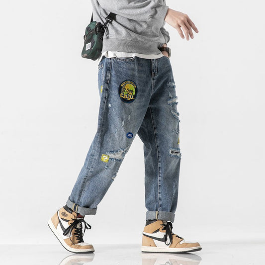 Embroidered logo jeans for men straight leg pants