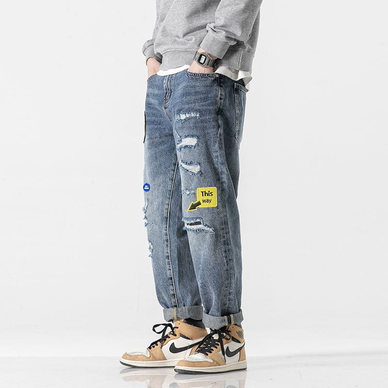 Embroidered logo jeans for men straight leg pants