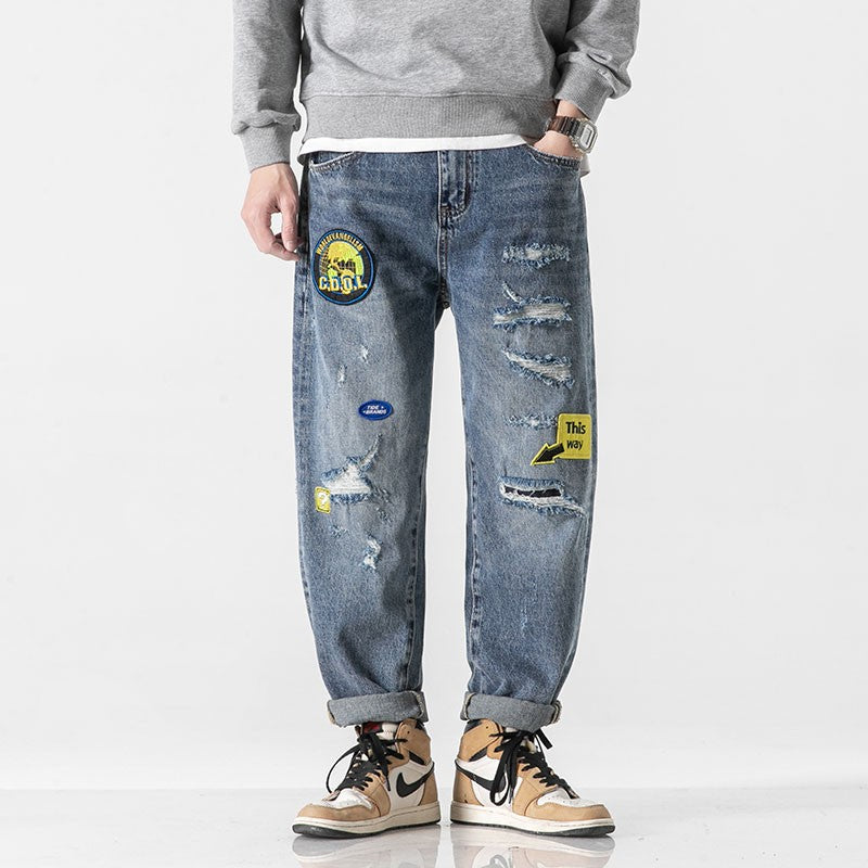 Embroidered logo jeans for men straight leg pants