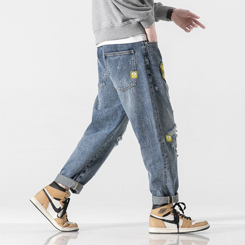 Embroidered logo jeans for men straight leg pants