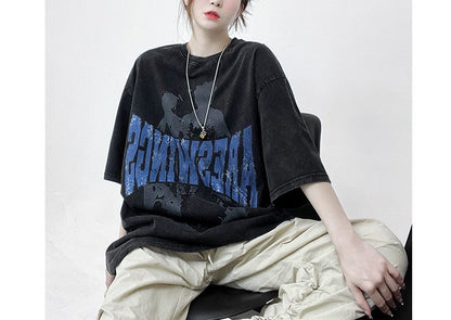 Asian oversize washed distressed unisex T-shirts