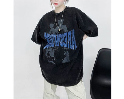 Asian oversize washed distressed unisex T-shirts