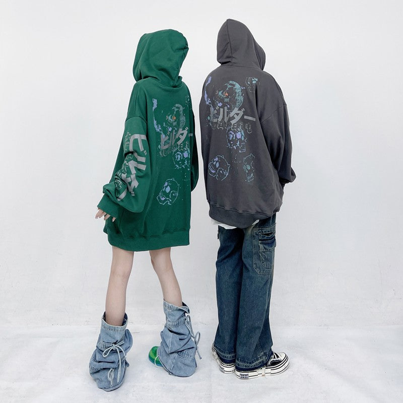 Dark Skull Unisex Printed Hoodie Oversize Couple Loose Fit