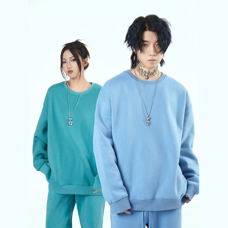 Solid Velvet Unisex Round Neck Sweater and Pants Set