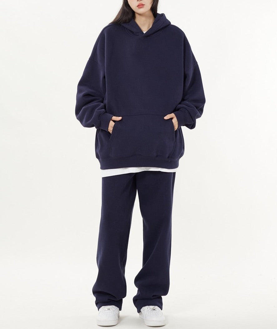 High street plush hoodies set solid loose pants