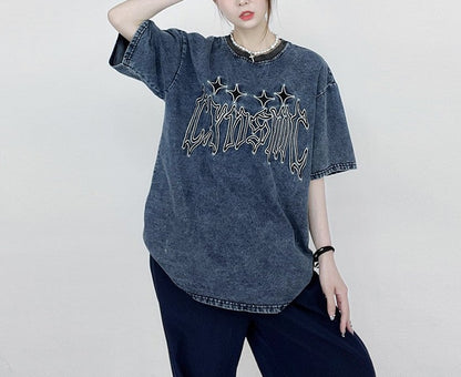 Far Away Star River Embroidery Loose Denim T-shirt