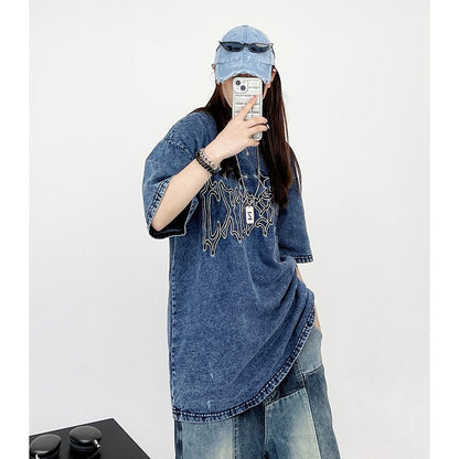 Far Away Star River Embroidery Loose Denim T-shirt