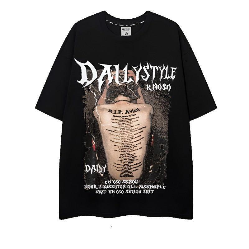 Daily dark print short sleeved loose unisex T-shirt