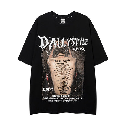 Daily dark print short sleeved loose unisex T-shirt