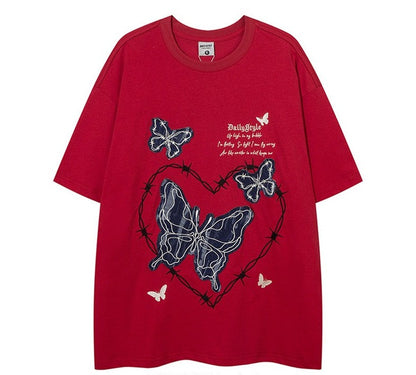 Love Butterfly Embroidery Round Neck T-shirt