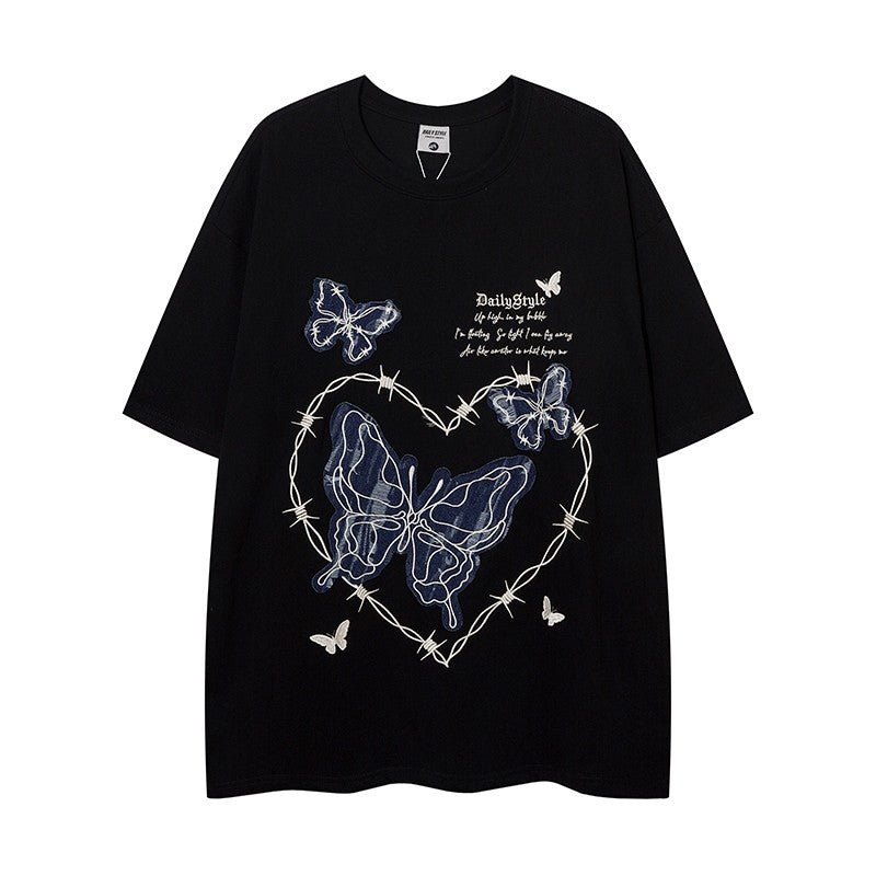 Love Butterfly Embroidery Round Neck T-shirt