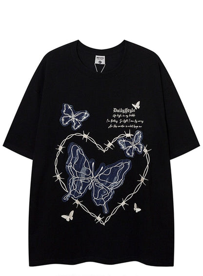 Love Butterfly Embroidery Round Neck T-shirt