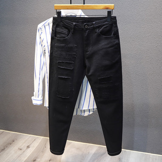Black distressed jeans for men's slim fit patch pants