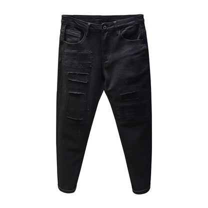 Black distressed jeans for men's slim fit patch pants