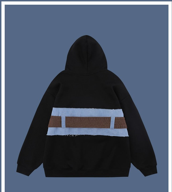 Upright denim patchwork belt hoodies unisex