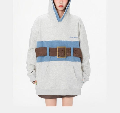 Upright denim patchwork belt hoodies unisex