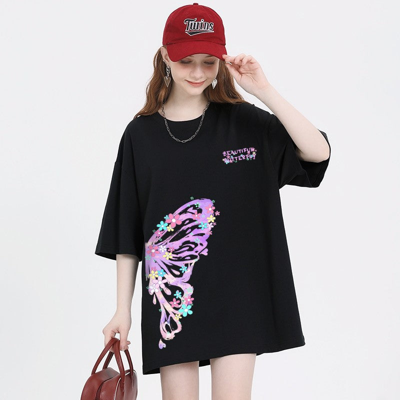 Butterfly print t-shirt for women loose half sleeve trendy