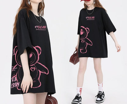 Bear cartoon print t-shirt short-sleeved