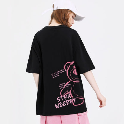 Bear cartoon print t-shirt short-sleeved