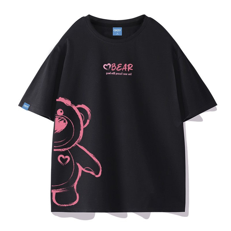 Bear cartoon print t-shirt short-sleeved