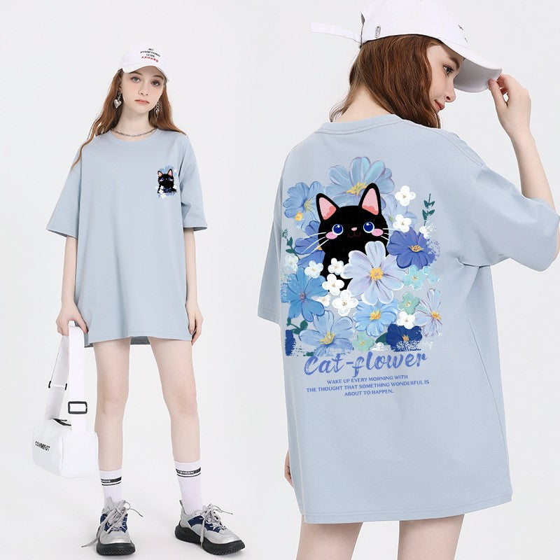 Haze Blue Kitten Print T-shirt Women's Cartoon Top Loose Fit