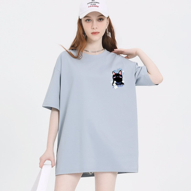 Haze Blue Kitten Print T-shirt Women's Cartoon Top Loose Fit