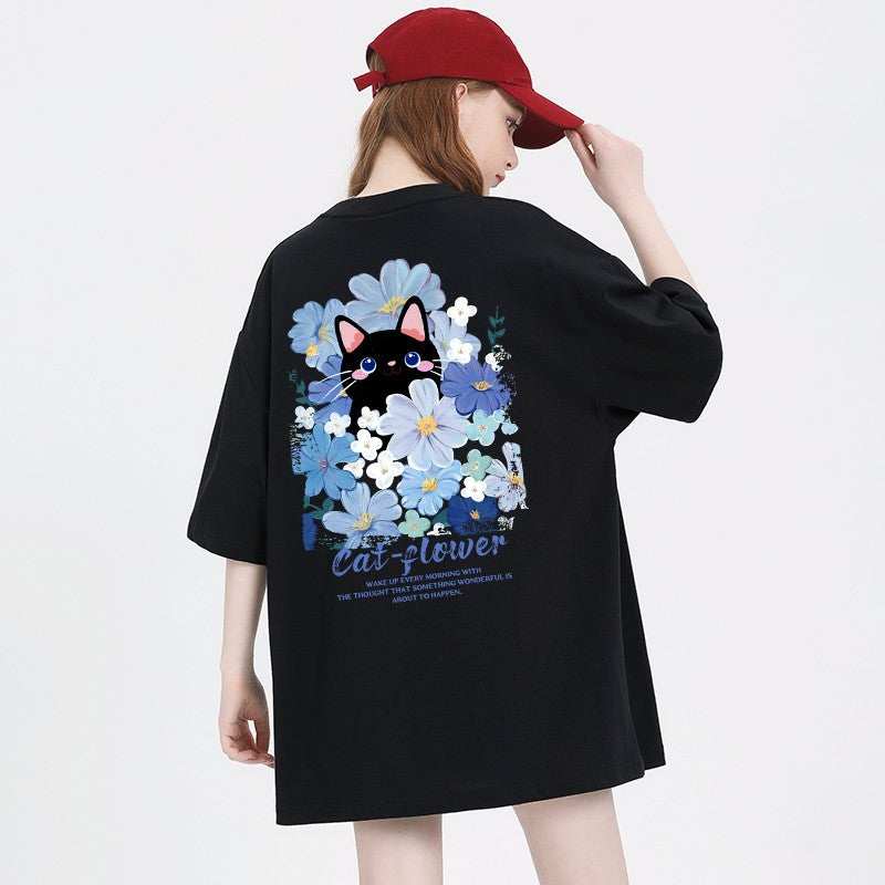 Haze Blue Kitten Print T-shirt Women's Cartoon Top Loose Fit