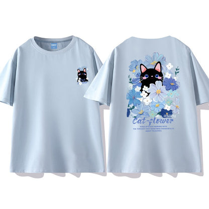 Haze Blue Kitten Print T-shirt Women's Cartoon Top Loose Fit